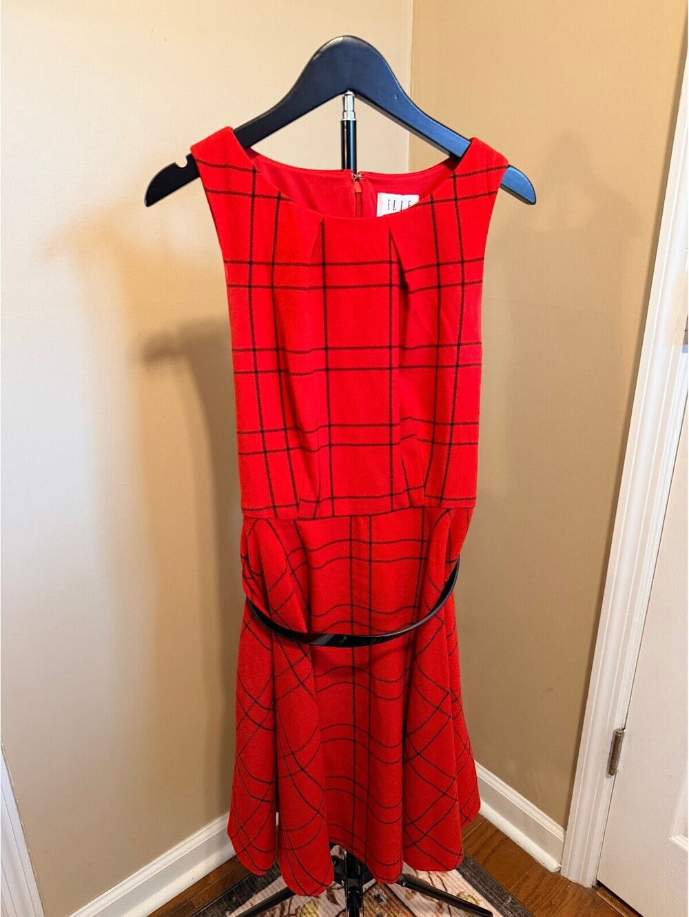Elle Red Windowpane Fit & Flare Dress Belted Women's Size 6 Sleeveless